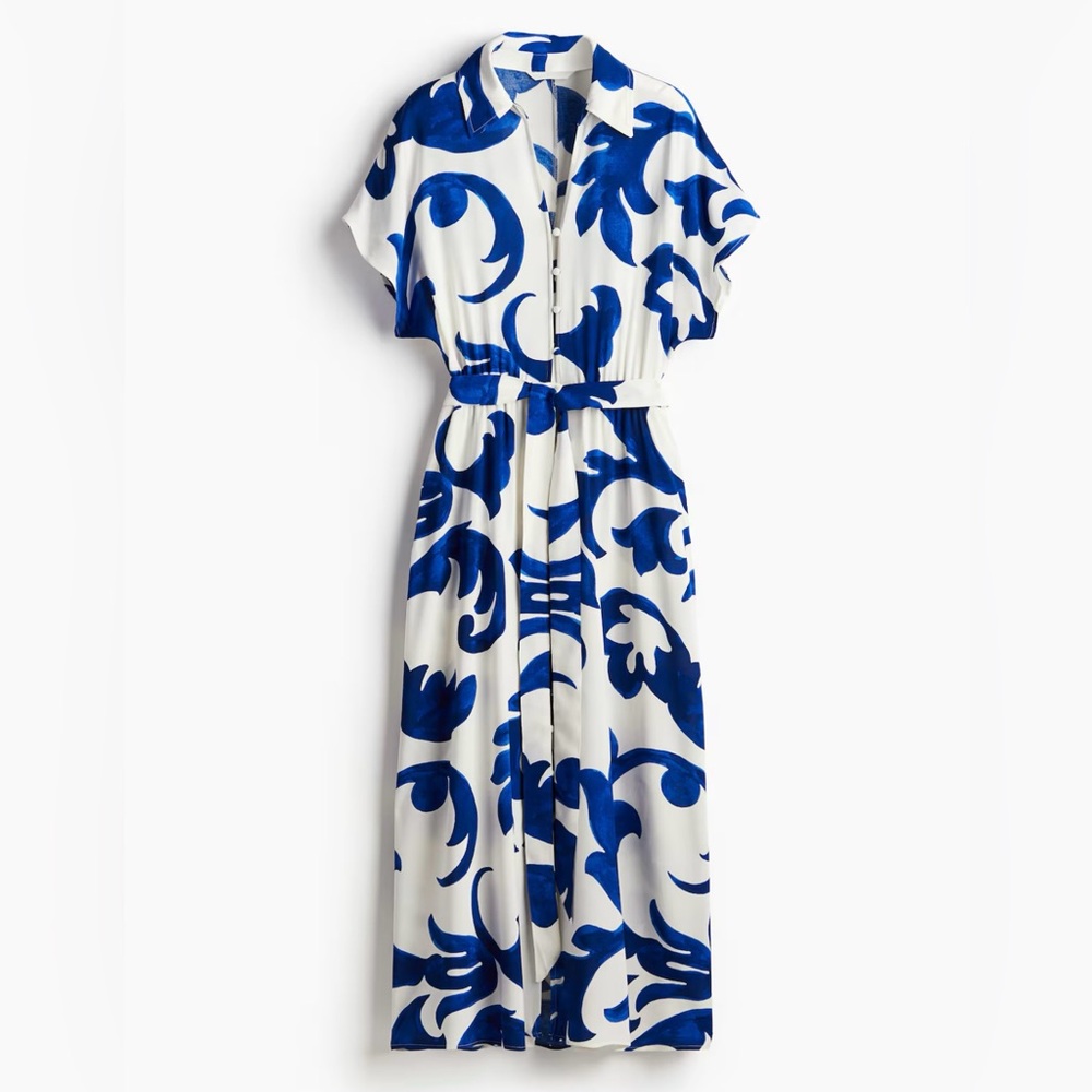 H&M Blue and White Patterned Midi Dress